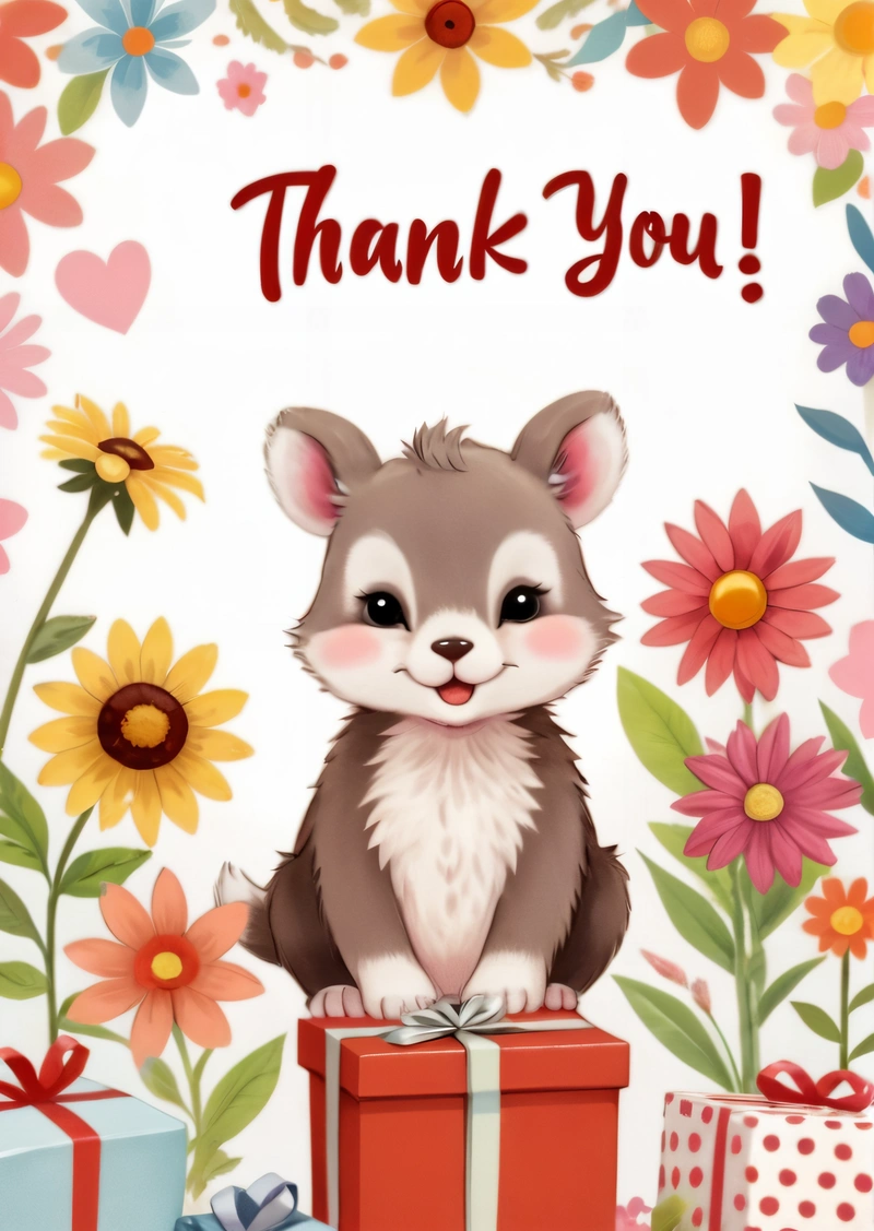 A card with a picture of a baby raccoon on it and a thank you message in the background with flowers and gifts around it, u, a poster, furry art