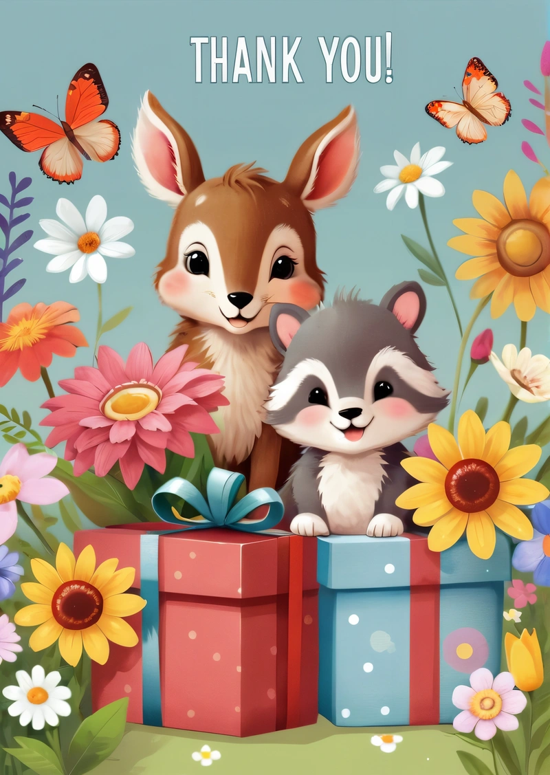 A card with a baby raccoon and a baby raccoon in a gift box with a thank you message on it and a butterfly, storybook illustration, a storybook illustration, naive art