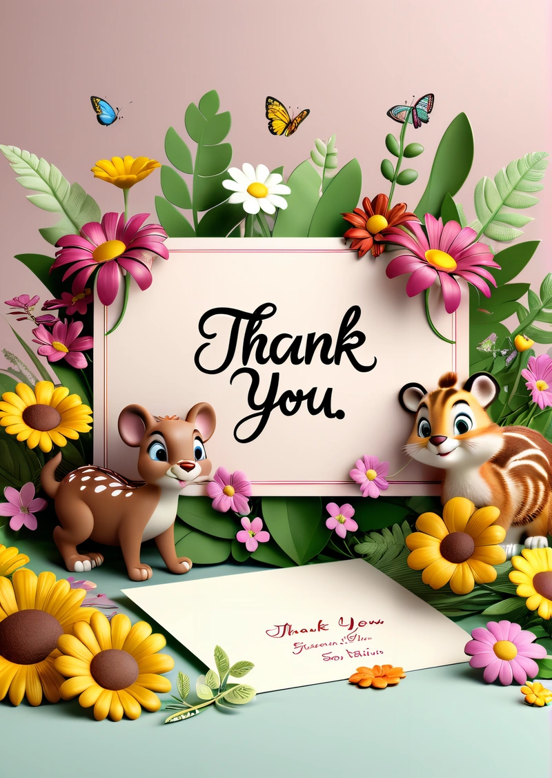 A thank card with a picture of a deer and a deer cub in a field of flowers and daisies with a butterfly and a butterfly, behance hd, computer graphics, naive art