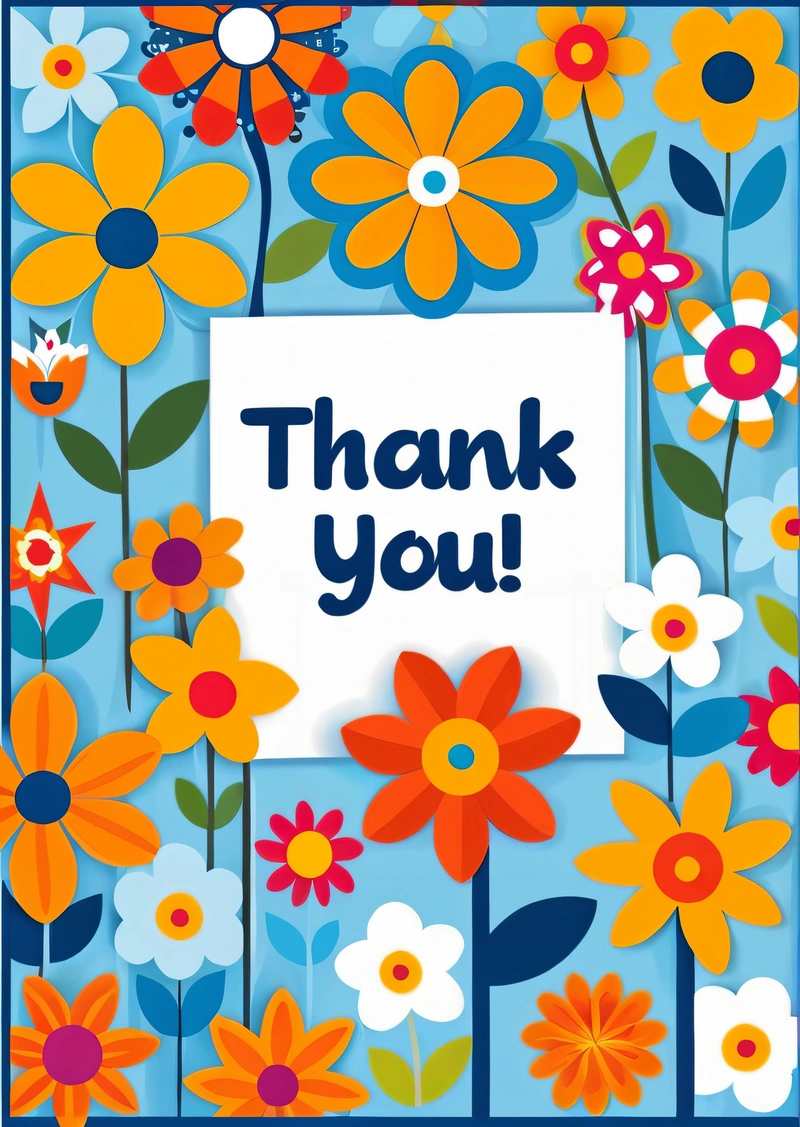 A thank card with a thank message in the middle of a field of flowers and daisies with a blue background and a blue border, behance hd, a jigsaw puzzle, naive art