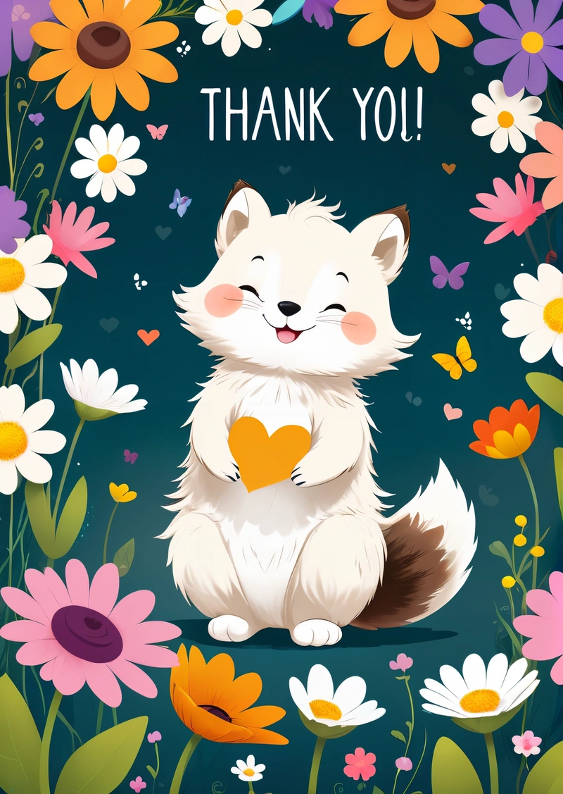 A card with a cute little fox holding a heart in its paws and a thank you message in the middle of the card is a field of flowers, deviantart artstation, vector art, furry art