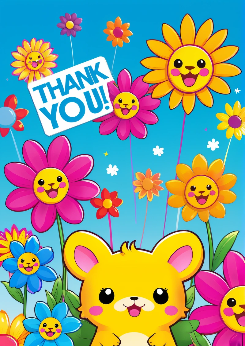 A cartoon character with flowers and a thank you sign in the background with a blue sky and clouds behind it, and a yellow bear with a smile on the, behance hd, computer graphics, naive art