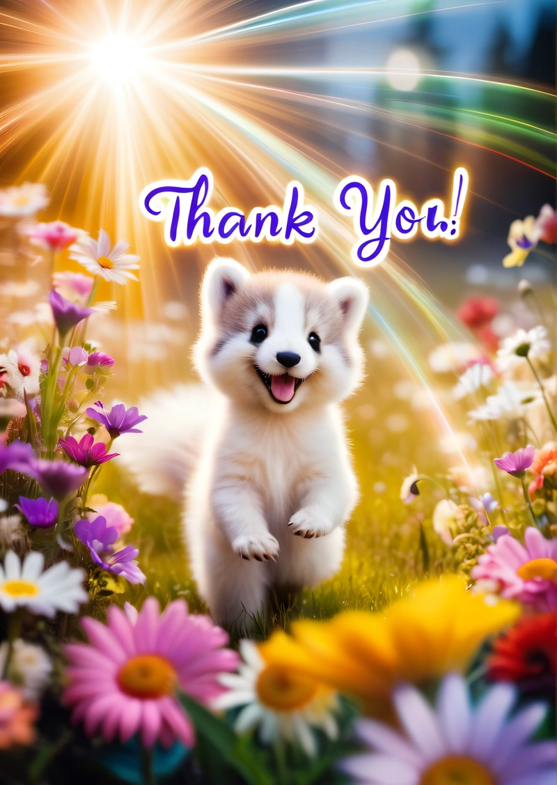 A puppy running through a field of flowers with a thank you card in the background that says, thank you, with a dog in the center of the photo, u, computer graphics, furry art