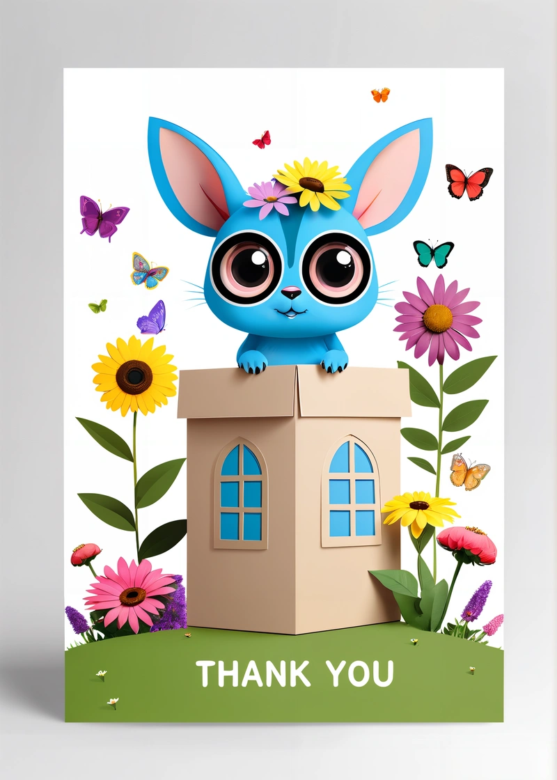 A card with a blue bunny sitting on top of a box with flowers and butterflies around it, and the words thank you written on the card, professional digital painting, a digital rendering, mail art