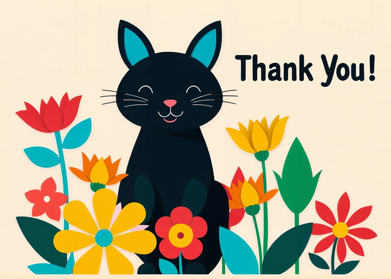 A cat sitting in a field of flowers with a thank you card in the background that says, thank you, with a cat surrounded by flowers, behance hd, vector art, naive art