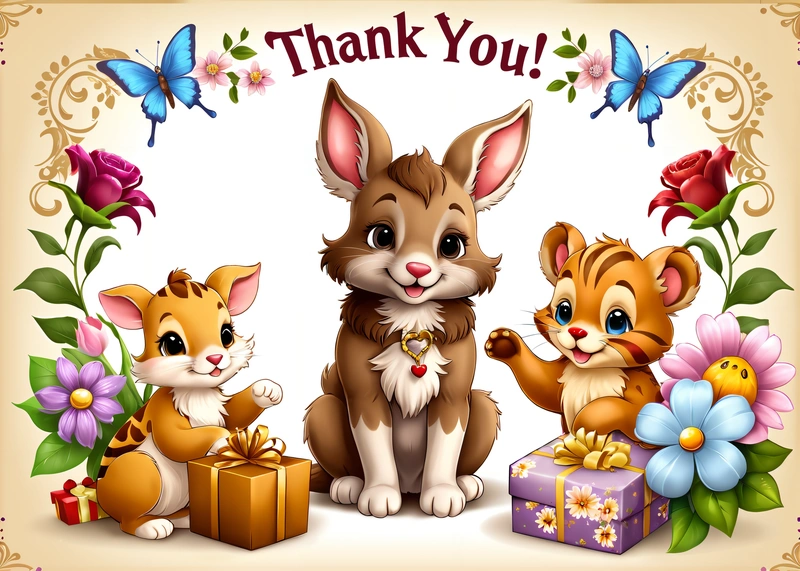 A thank you card with a picture of a cat and two kittens with gifts in front of a floral frame with butterflies and flowers, behance hd, computer graphics, furry art