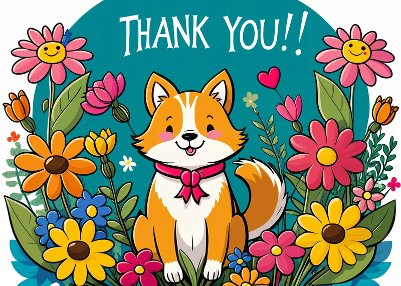 A cartoon fox with flowers and a thank you card in the background with a blue circle with a thank you message in the center of the image, sticker, a woodcut, furry art