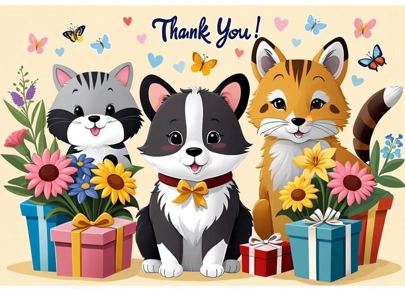A group of cats and kittens with gifts and a thank you card with a butterfly and flowers on a yellow background with a butterfly, furaffinity, computer graphics, furry art
