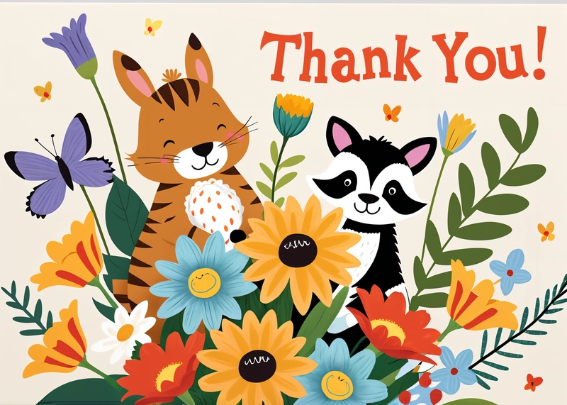 A thank you card with a picture of two animals and flowers in the background with butterflies and butterflies on the bottom of the card, and a thank you, behance hd, a storybook illustration, naive art