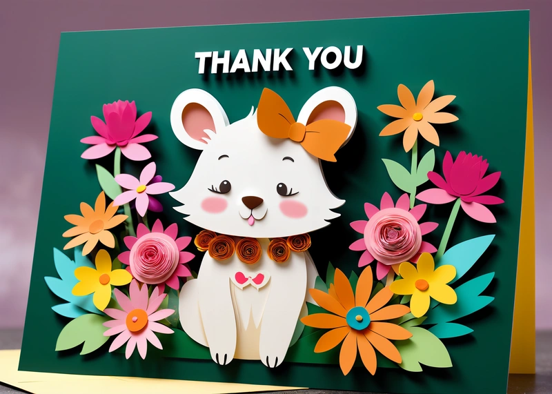 A card with a picture of a cat and flowers on it, and a thank you card in the middle of the card, with a green background, paper texture, a 3d render, naive art