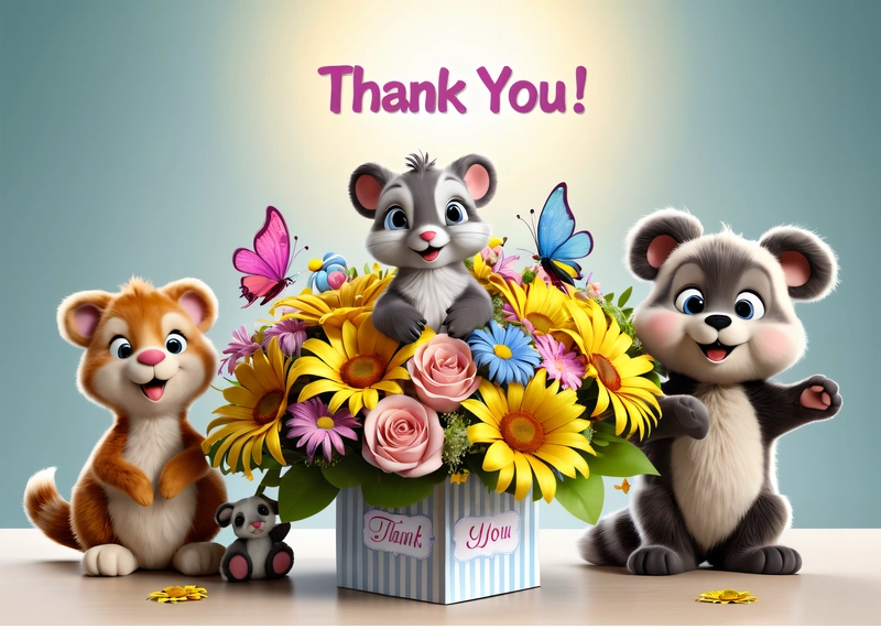 A thank you card with three little animals and flowers in a box with a thank you message on the front of the card and a blue background, behance hd, computer graphics, naive art