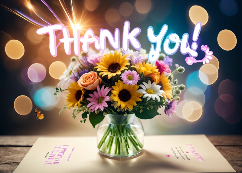 A vase filled with flowers sitting on top of a table next to a thank card and a thank card with a thank you message on it, anamorphic lens flare, a stock photo, international typographic style