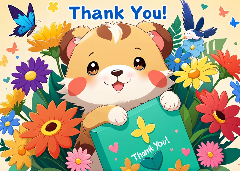 A cute little dog holding a thank you card with flowers and butterflies around it and a butterfly on the back of the card, with a thank you message, for aaa game, an anime drawing, furry art