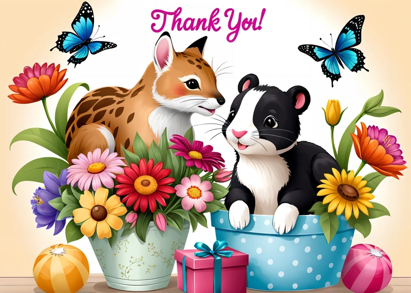 A cat and a dog are sitting in a flower pot with a thank you sign on it and a gift box with a butterfly on the bottom, animal photography, computer graphics, furry art