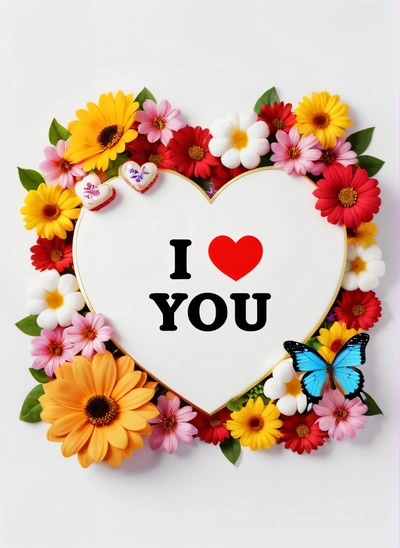 A heart shaped sign with flowers and butterflies around it that says i love you on a white background with a pink border and a pink border, love, a picture, lyco art