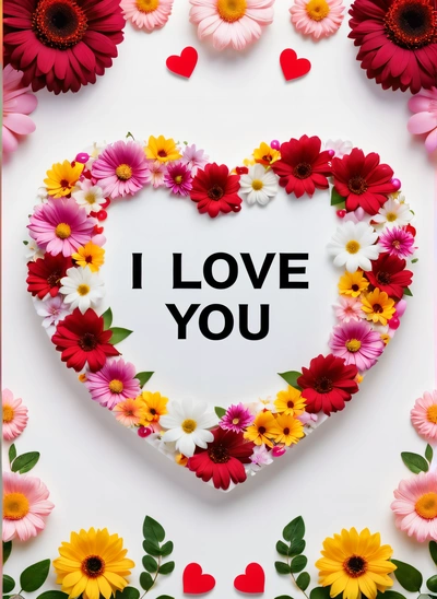A heart shaped paper with flowers and a message i love you on it that says i love you on it and surrounded by hearts and daisies, love, a poster, computer art