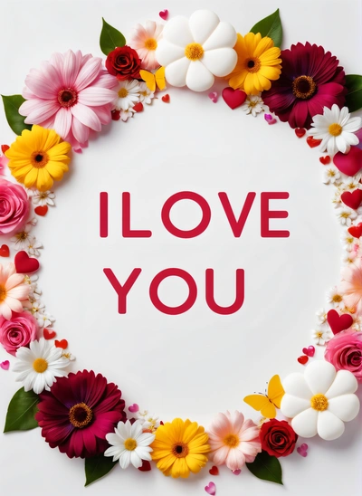 A white circle with flowers and the words i love you written in red in the center of the circle is a white background with a red lettering that says i love you, love, a picture, romanticism