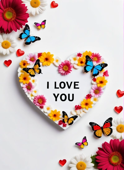 A heart shaped cake with butterflies and daisies on it with a message i love you written on it in the middle of the heart, love, a cross stitch, lyco art