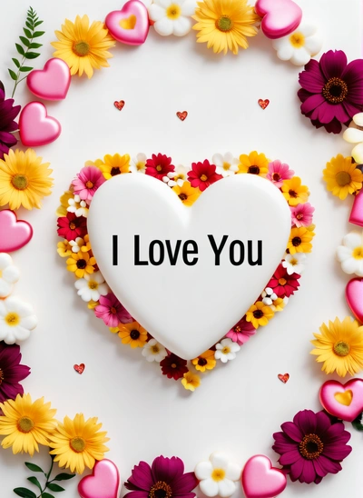 A heart shaped object with the words i love you surrounded by flowers and hearts on a white background with a border of flowers and hearts, love, a picture, romanticism