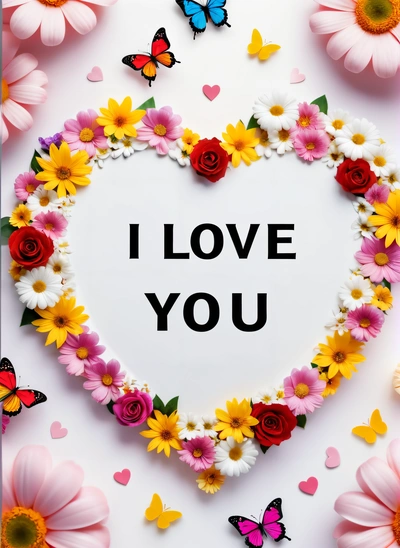 A heart shaped frame with flowers and butterflies around it that says i love you on a white background with a butterfly and flowers around it, love, a poster, romanticism