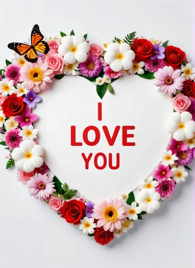 A heart shaped frame with flowers and a butterfly on it that says i love you on a white background with a pink border and a pink border, love, a picture, lyco art