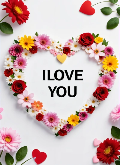 A heart shaped frame with flowers and a message i love you on it that says i love you on the front of the frame, and a heart shaped by flowers, love, a poster, romanticism