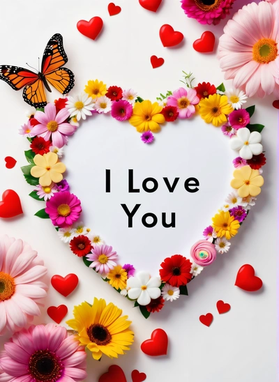 A heart shaped frame with flowers and butterflies surrounding it with the words i love you written in the center of the heart surrounded by hearts, love, a picture, lyco art