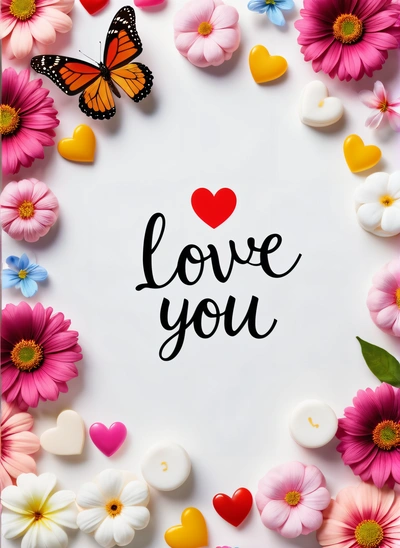 A picture of a heart surrounded by flowers and butterflies with the words love you written in the middle of the picture and a butterfly flying above the heart, love, a stock photo, lyco art