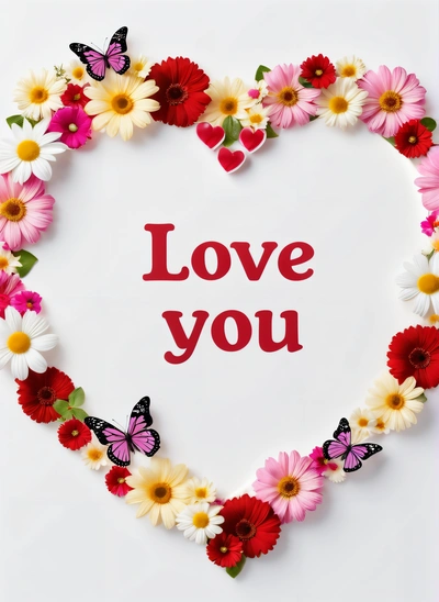 A heart shaped frame with flowers and butterflies around it that says love you on a white background with a red lettering underneath the heart and a, love, a cross stitch, lyco art