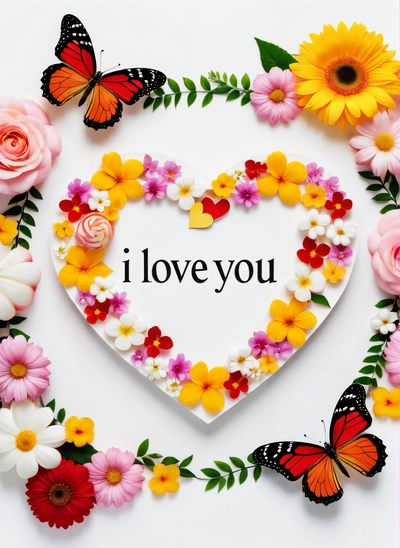 A heart shaped frame with flowers and butterflies around it with the words i love you written in the center of the heart surrounded by butterflies, love, a picture, lyco art