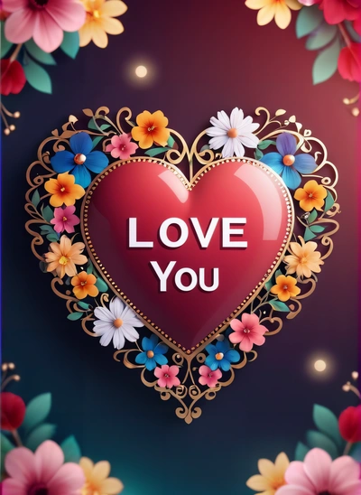 A heart with flowers and the words love you on it in a frame with a blue background and a red heart with flowers and the words love you, love, a picture, lyco art