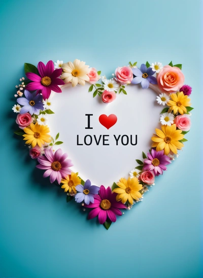 A heart shaped paper with flowers and the words i love you written on it in a center of the heart is a blue background with a blue border, love, a picture, lyco art