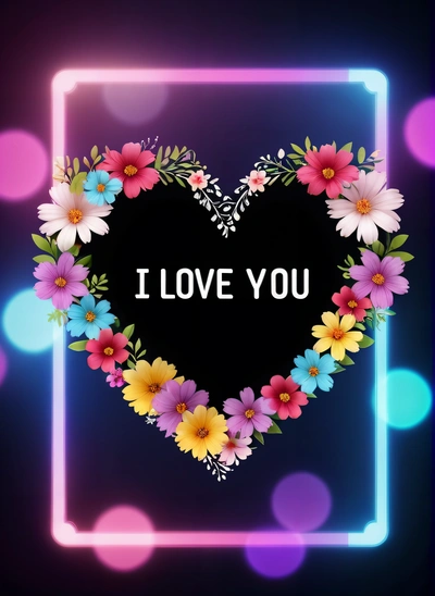 A heart with flowers and the words i love you written on it in a neon frame with boke lights behind it and a neon light, love, a picture, computer art