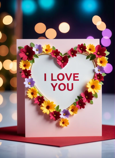 A heart shaped card with flowers on it that says i love you on it and a boke of lights behind it that says i love you, love, a 3d render, romanticism