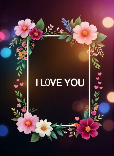 A square frame with flowers and leaves on a dark background with the words i love you written in the center of the frame and the flowers, love, a screenshot, computer art