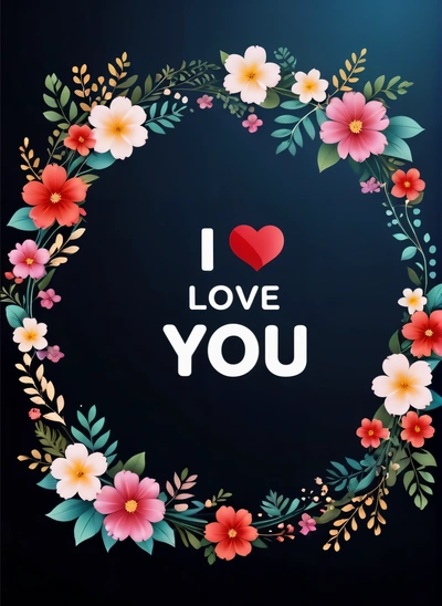 A heart shaped frame with flowers and leaves around it that says i love you on a dark background with a red heart in the center, love, a picture, computer art