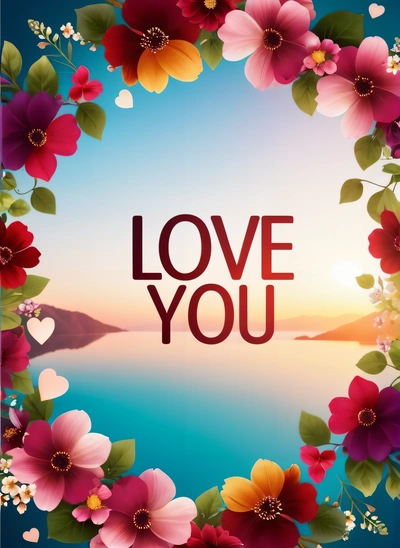 A colorful flower frame with the words love you in the center of it and a lake in the background with a sunset in the background, love, a poster, lyco art