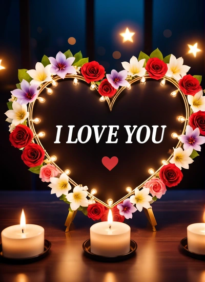 A heart shaped frame with candles and flowers on a table with a lit candle and a lit candle holder in the shape of a heart, love, a picture, romanticism