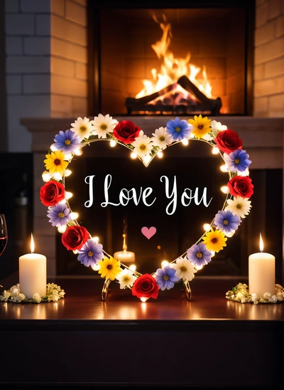 A heart shaped wreath with flowers and candles on a table in front of a fireplace with a lit candle and a lit candle holder in the shape of a heart, romantic, a stock photo, romanticism