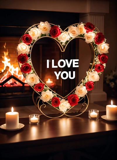 A heart shaped frame with roses and candles around it with a lit fireplace in the background with a lit candle holder and a lit candle, romantic, a picture, romanticism