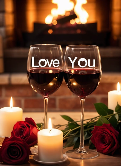 Two wine glasses with love you written on them next to a candle and roses on a table with a fireplace in the background and a lit candle, romantic, a stock photo, romanticism