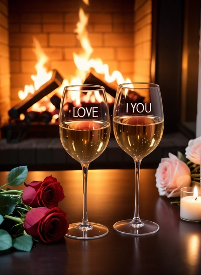 Two wine glasses with wine in front of a fireplace with roses and candles on the table next to it, with the words love you written on the glasses, romantic, a stock photo, romanticism