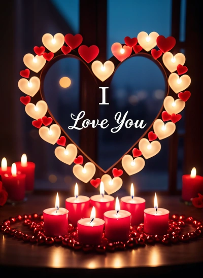 A heart shaped candle with candles around it and a message i love you on the front of the candle and a window behind it with lights, love, a poster, romanticism