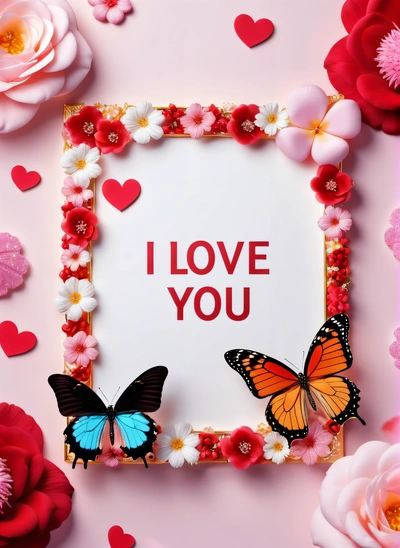 A picture frame with a butterfly and a flower border around it with a message i love you on it and a pink background with red roses, love, a cross stitch, lyco art