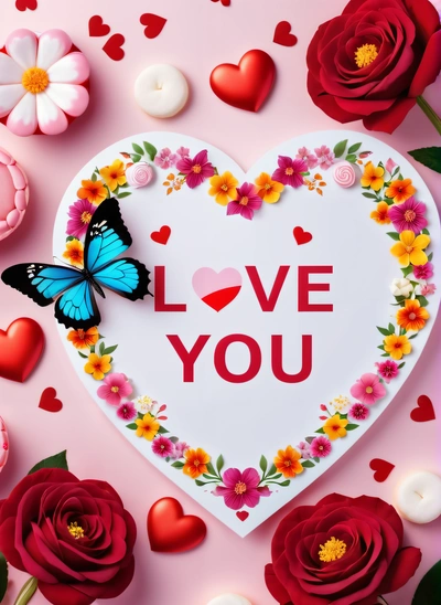 A heart shaped paper with a butterfly on it surrounded by flowers and hearts and candles on a pink background with a message love you written in the middle, love, a picture, lyco art