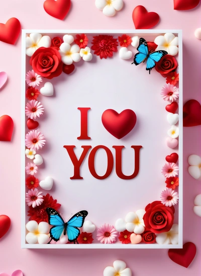 A card with a heart and a butterfly on it with flowers and hearts around it and the words i love you written in the middle, love, a poster, lyco art