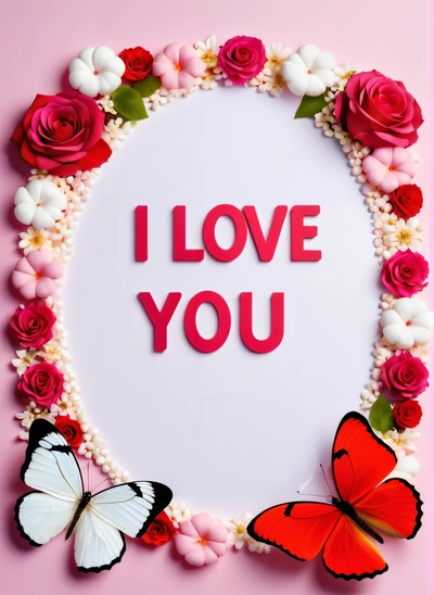 A picture of a white circle with pink roses and butterflies around it with the words i love you written in the center of the circle, love, a poster, lyco art