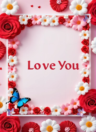 A picture frame with flowers and a butterfly on it with the words love you written in the middle of the frame and a butterfly on the bottom of the picture, love, a cross stitch, lyco art