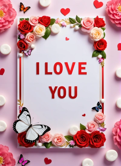 A picture frame with roses and a butterfly on it with the words i love you written in the middle of the frame and a butterfly on the bottom of the picture, love, a poster, lyco art