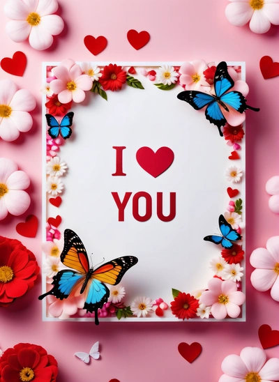 A card with a picture of a butterfly and flowers on it with the words i love you written in the middle of the card and a heart surrounded by flowers, love, computer graphics, lyco art